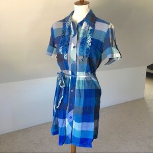Checkered Color Block County Blue Button Dress